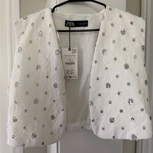 Zara White Sequin Polka-Dot Cropped Vest